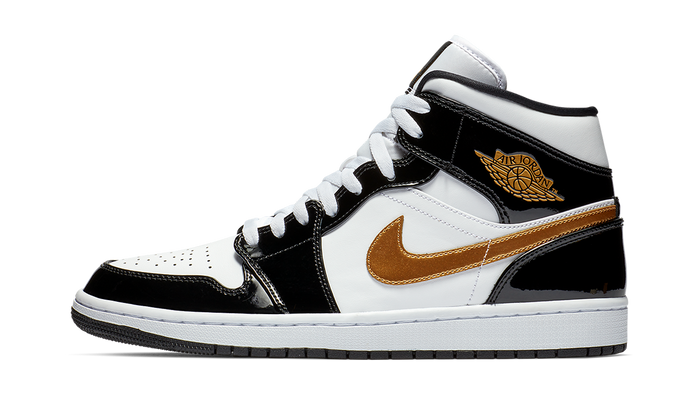 Jordan 1 Mid Patent Black White Gold