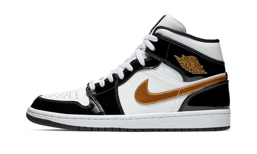Jordan 1 Mid Patent Black White Gold