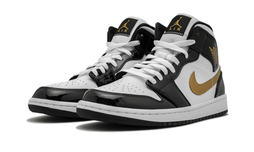 Jordan 1 Mid Patent Black White Gold