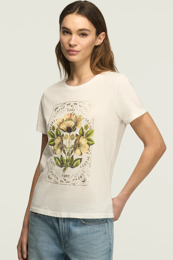 [163123-110] WOMENS LUCKY BRAND FLORAL ORNATE FRAME CLASSIC CREW - BRIGHT WHITE rubbersoled