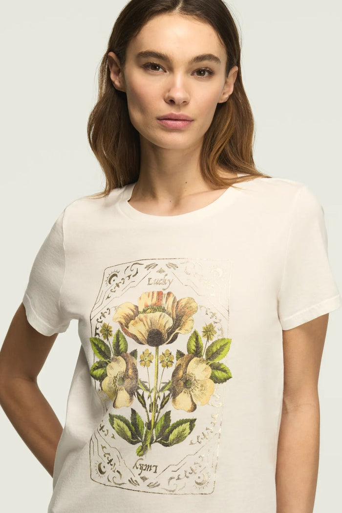 [163123-110] WOMENS LUCKY BRAND FLORAL ORNATE FRAME CLASSIC CREW - BRIGHT WHITE rubbersoled