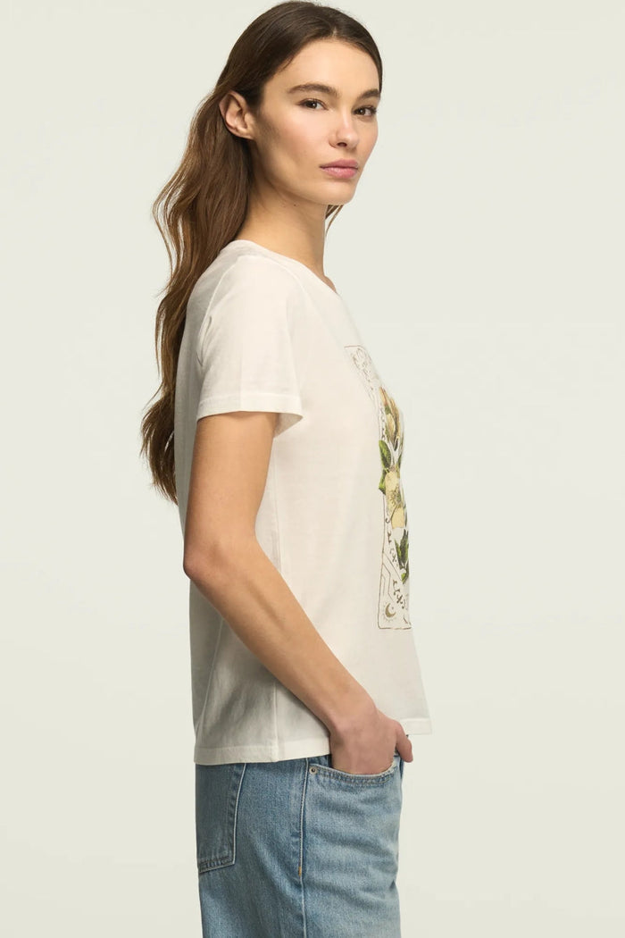 [163123-110] WOMENS LUCKY BRAND FLORAL ORNATE FRAME CLASSIC CREW - BRIGHT WHITE rubbersoled