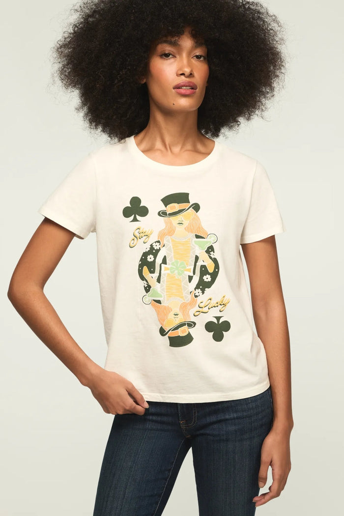 [163141-100] WOMENS LUCKY BRAND STAY LUCKY CARD CLASSIC CREW - GARDENIA rubbersoled