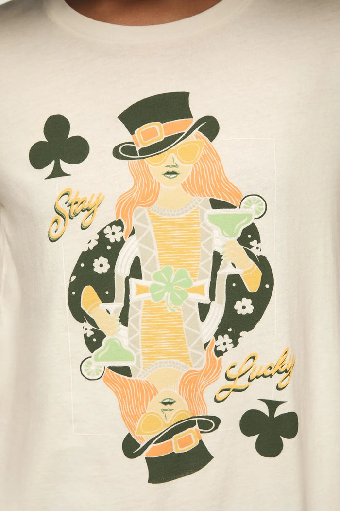 [163141-100] WOMENS LUCKY BRAND STAY LUCKY CARD CLASSIC CREW - GARDENIA rubbersoled