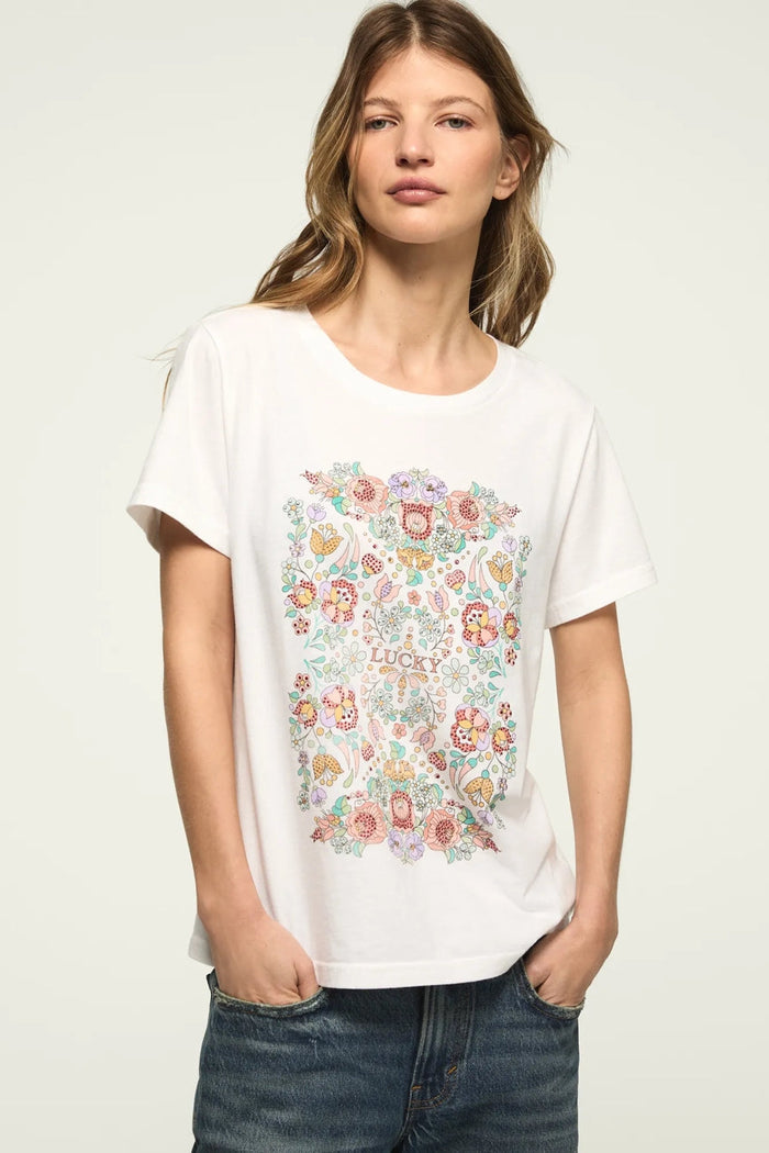 [163160-110] WOMENS LUCKY BRAND FLORAL POSTER EMBELLISHED CLASSIC CREW rubbersoled