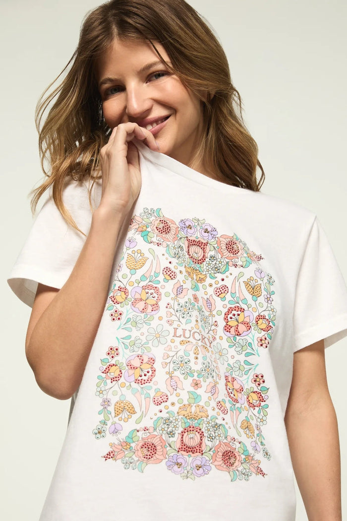 [163160-110] WOMENS LUCKY BRAND FLORAL POSTER EMBELLISHED CLASSIC CREW rubbersoled