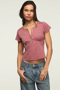 [167405-660] WOMENS LUCKY BRAND CROCHET TRIM SHORT SLEEVE HENLEY - LILAS rubbersoled