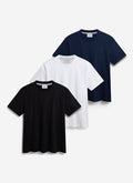 Percival 3 pack of oversized organic cotton t-shirts in black, white, and navy against a white background.