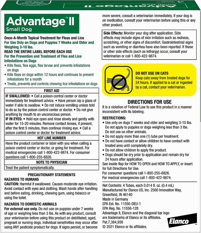 Advantage II for Dogs - E8A1 - 4 pack - Small Dogs (3 - 10 lbs) - 2