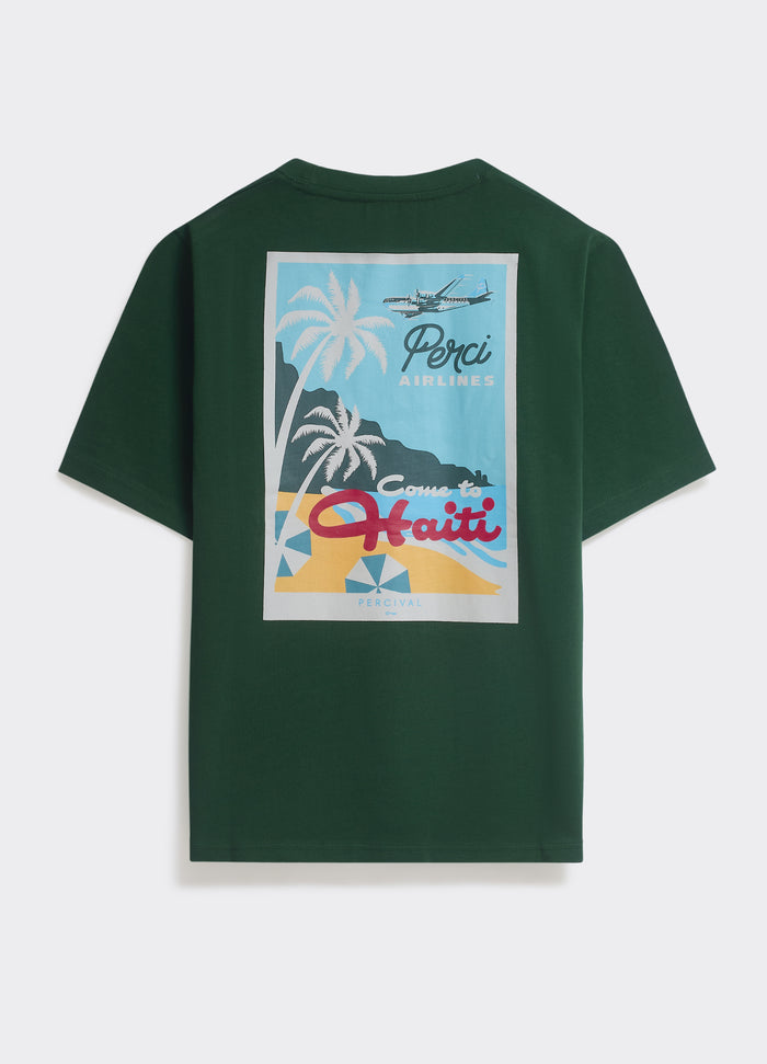 The forest green Percival Aero T-Shirt, featuring a large postcard-style back graphic with palm trees and Haiti text.