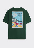 The forest green Percival Aero T-Shirt, featuring a large postcard-style back graphic with palm trees and Haiti text.