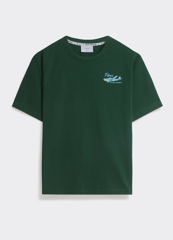 The Percival Aero T-Shirt in forest green, a cotton crew neck with a blue Perci Airlines graphic, shown flat.
