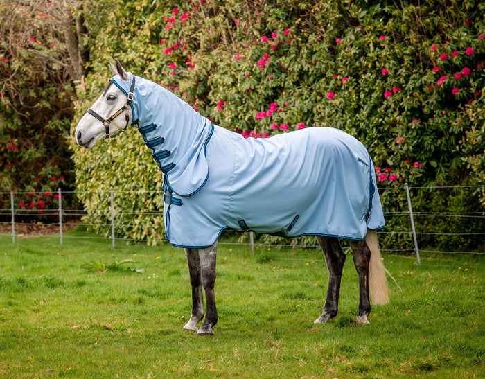 Amigo Ripstop Hoody Horse Fly Sheet - Lightweight, UV & Insect Protection with Integrated Neck Cover - FOWV - 78 in - Azure Blue/Strong Blue & Silver - 1