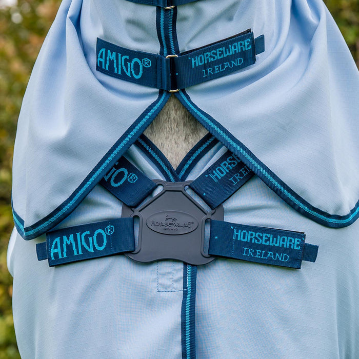Amigo Ripstop Hoody Horse Fly Sheet - Lightweight, UV & Insect Protection with Integrated Neck Cover - FOWV - 78 in - Azure Blue/Strong Blue & Silver - 2