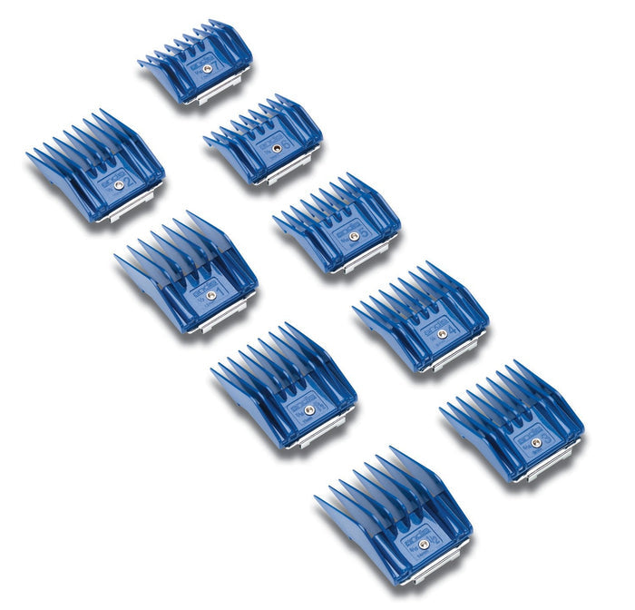 Andis 9 - Piece Universal Small Comb Set – Attachment Guide Combs for Detachable Clipper Blades (Sizes 1/16" to 9/16") - AC1F - 9 Piece Set - Blue - 1