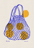 The Percival Arancia Print, a graphic illustration of a blue string bag and oranges on a cream background.