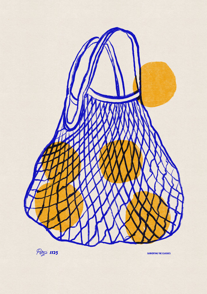 The Percival Arancia Print, a graphic illustration of a blue string bag and oranges on a cream background.
