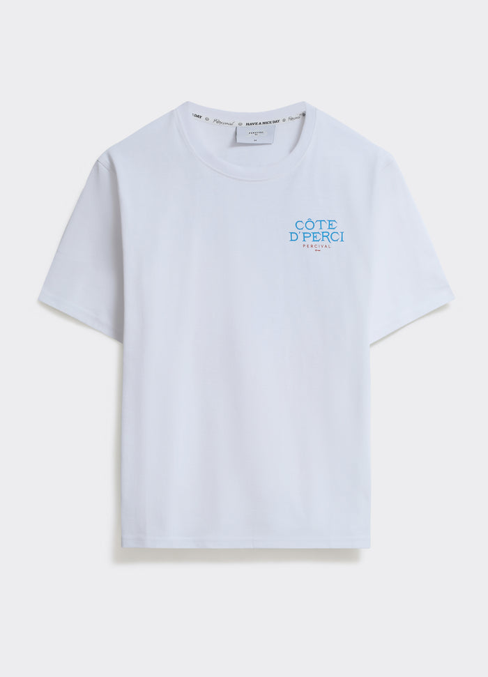 Percival Azur T-Shirt in optic white cotton jersey with a blue Côte d'Perci chest print, shown flat.