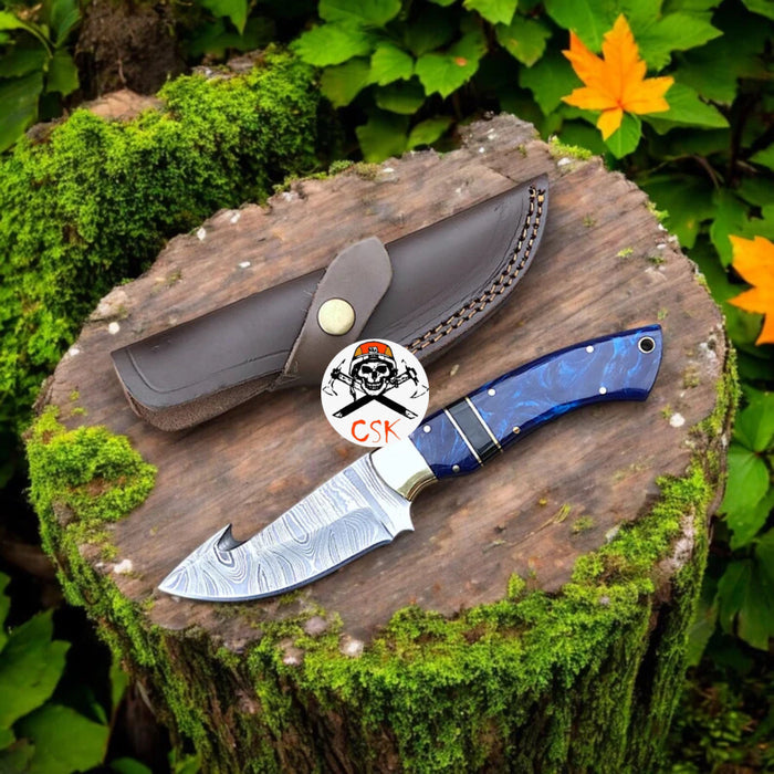 Azure Fury: Hand-Forged Damascus Hunting Knife cskforged