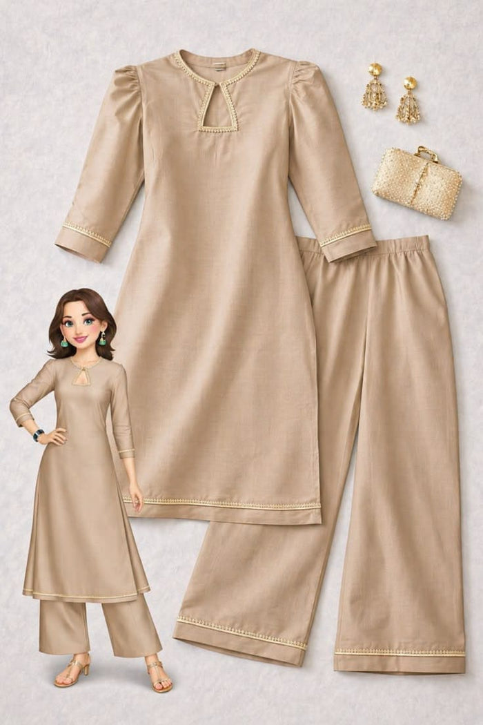 Beige Embroidered Kurta Pant Set – Lace Trim 2 Piece Suit for Women