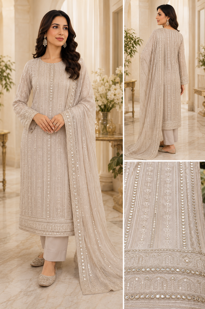 Beige Mirror Work Pure Silk Suit – 3 Piece Embroidered Formal Wear