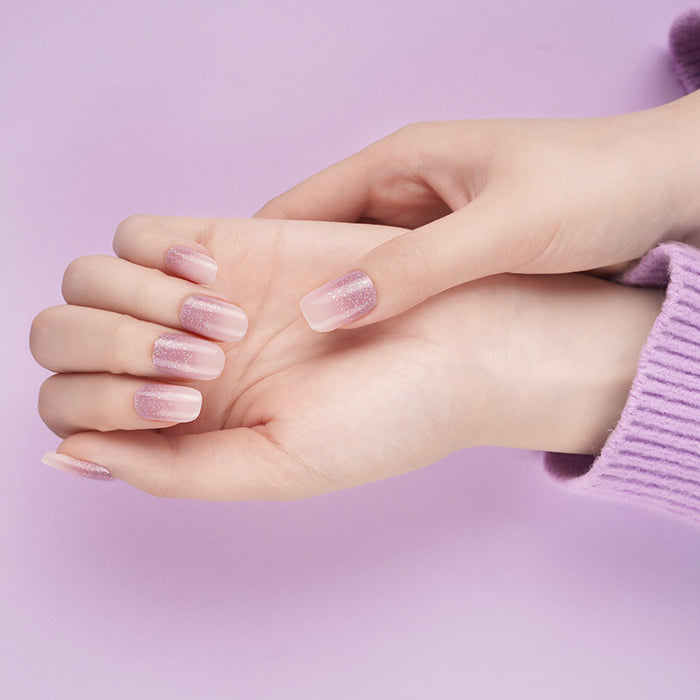 Stickers ongles gel effet babyboomer mauve pailleté avec dégradé transparent scintillant