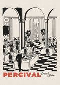 The Percival Bistro Print, a black and white illustration of a grand dining hall with a chequered floor and red text.