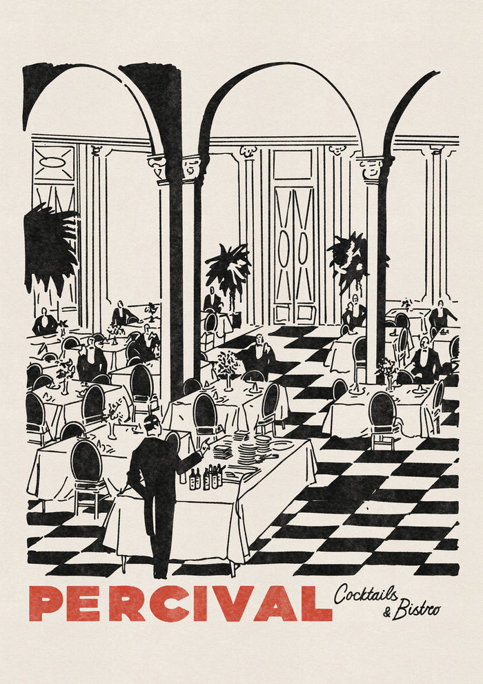 The Percival Bistro Print, a black and white illustration of a grand dining hall with a chequered floor and red text.