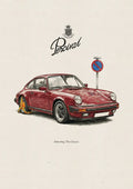The Percival Clamped Porsche Print, featuring a red car illustration with a yellow wheel clamp and no parking sign.