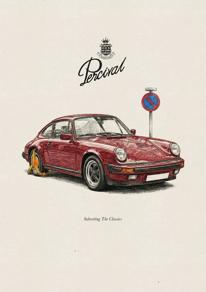 The Percival Clamped Porsche Print, featuring a red car illustration with a yellow wheel clamp and no parking sign.
