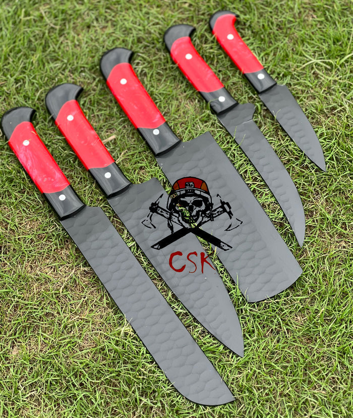 custom made Hand Forged D2 steel Black Coated 5pcs Chef set cskforged