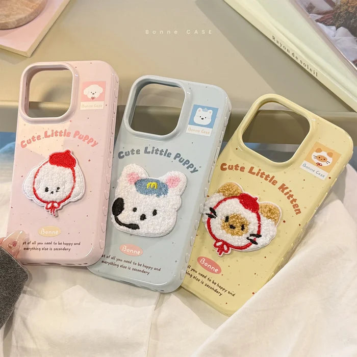 Cute Cartoon 3D Plush Embroidered Puppy Kitten Soft Phone Case For iPhone PhoneShells
