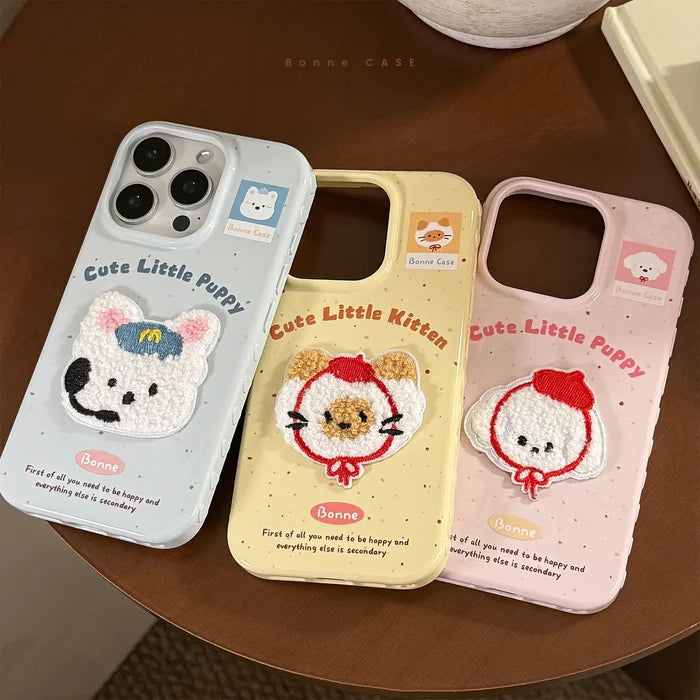 Cute Cartoon 3D Plush Embroidered Puppy Kitten Soft Phone Case For iPhone PhoneShells
