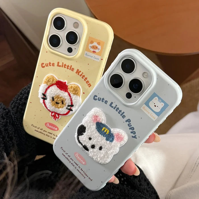 Cute Cartoon 3D Plush Embroidered Puppy Kitten Soft Phone Case For iPhone PhoneShells