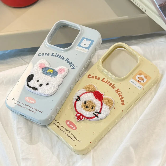 Cute Cartoon 3D Plush Embroidered Puppy Kitten Soft Phone Case For iPhone PhoneShells