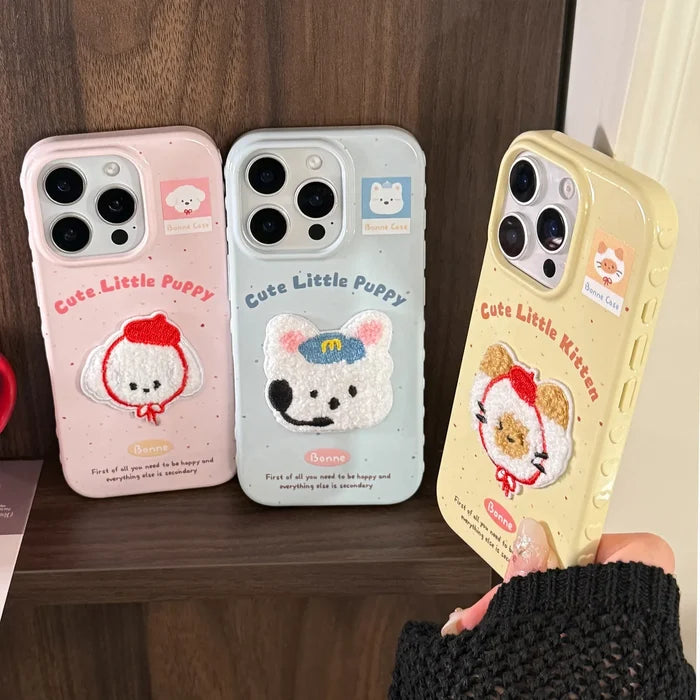 Cute Cartoon 3D Plush Embroidered Puppy Kitten Soft Phone Case For iPhone PhoneShells
