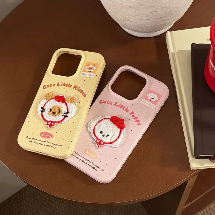 Cute Cartoon 3D Plush Embroidered Puppy Kitten Soft Phone Case For iPhone PhoneShells