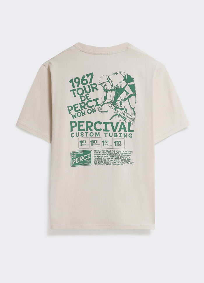 The back of the cream Percival Cycle T-Shirt, a soft jersey tee featuring a large green vintage cycling graphic.