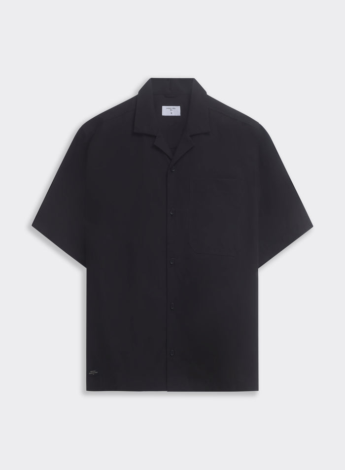 The black Percival Daniel Boxy Cuban Shirt in 100% cotton with a Cuban collar, shown flat on a grey background.