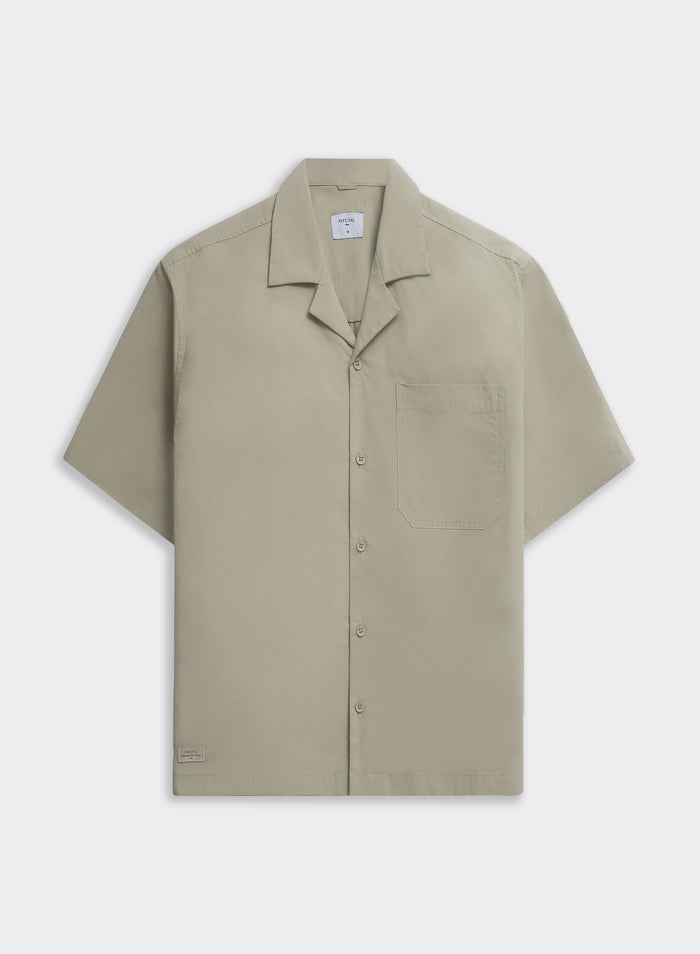 Percival Daniel Boxy Cuban Shirt in pistachio green, a 100% cotton short-sleeve shirt with a revere collar shown flat.