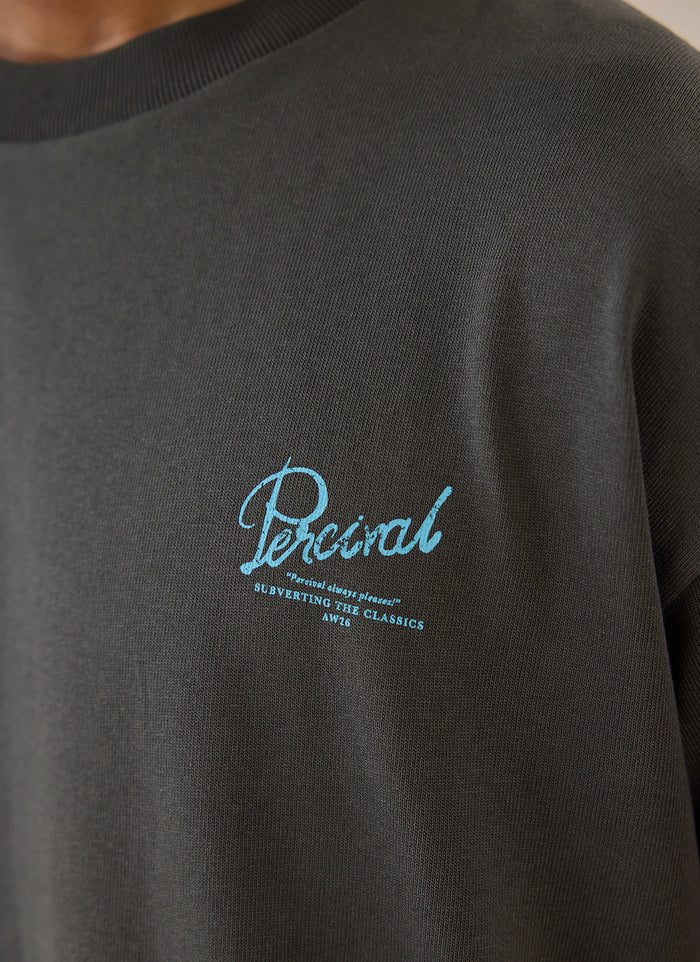 Charcoal Percival organic cotton oversized T-shirt, featuring a blue script chest graphic with subverting the classics text.