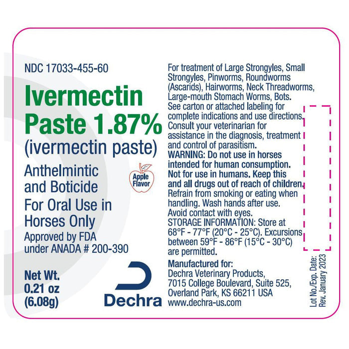 Dechra Ivermectin Paste 1.87% Anthelmintic and Boticide for Horses - DECAA - Single Pack - 5