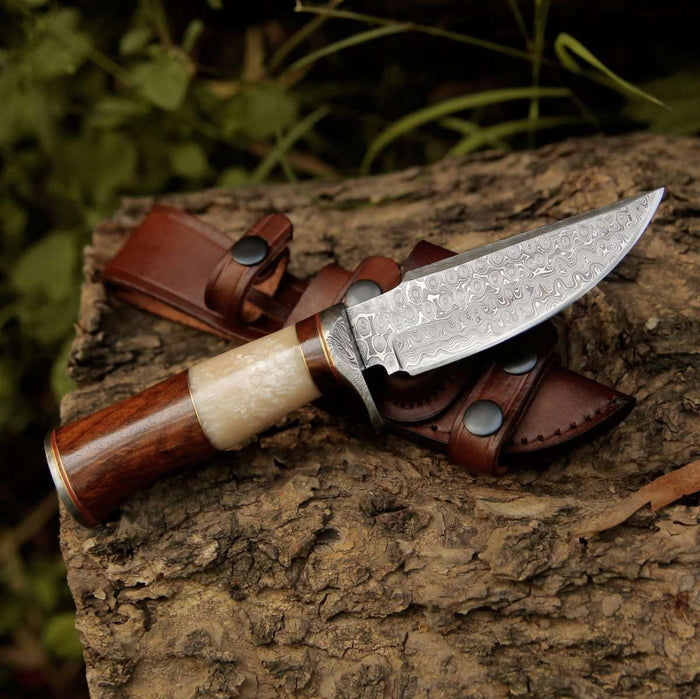 ELITE DAMASCUS HUNTING KNIFE WITH MOTHER OF PEARL & ROSE WOOD HANDLE cskforged