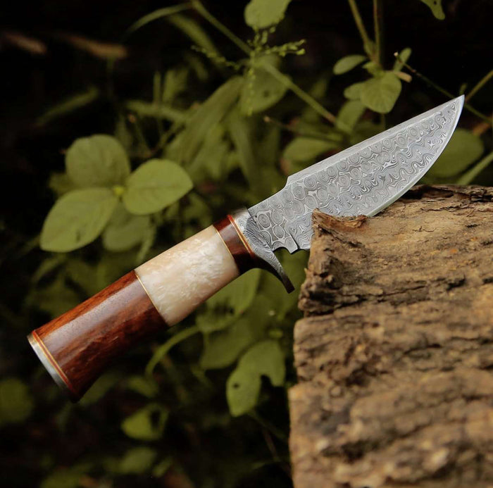 ELITE DAMASCUS HUNTING KNIFE WITH MOTHER OF PEARL & ROSE WOOD HANDLE cskforged