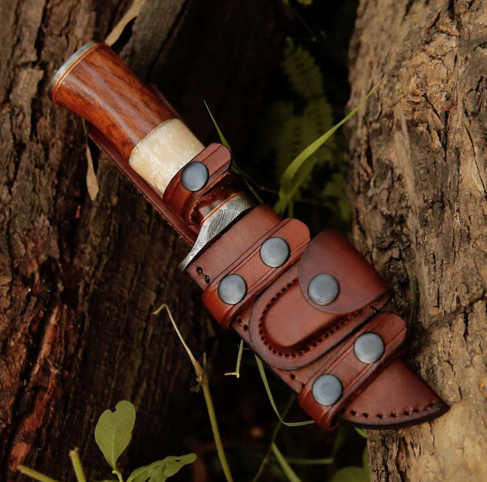 ELITE DAMASCUS HUNTING KNIFE WITH MOTHER OF PEARL & ROSE WOOD HANDLE cskforged