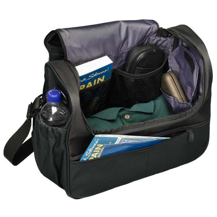 black euro flight duffel bag open pack