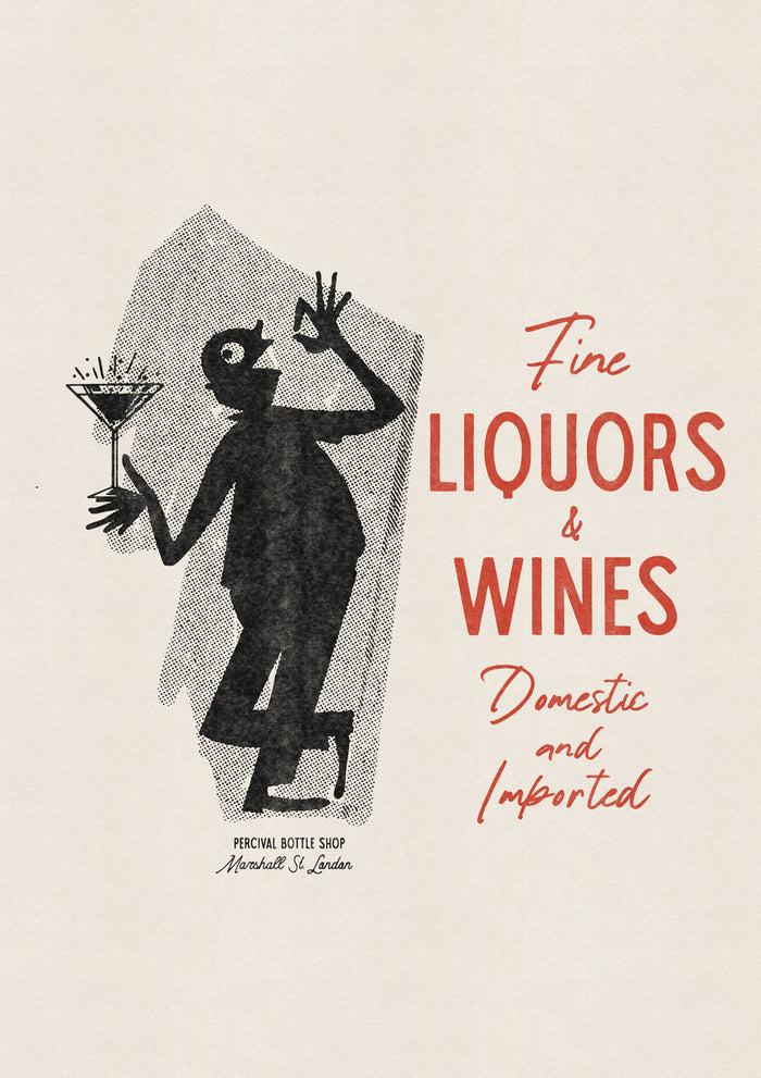 The Percival Fine Liquors & Wines print, a retro red and black design featuring a silhouette with a martini glass.