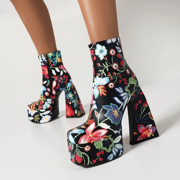 Flower Chunky Heel Boots