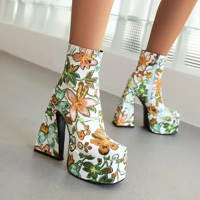 Flower Chunky Heel Boots