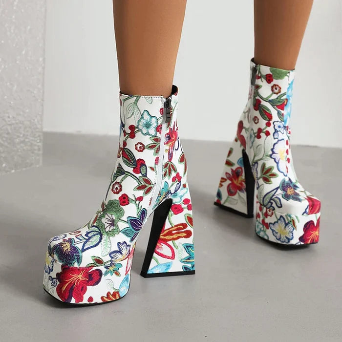 Flower Chunky Heel Boots